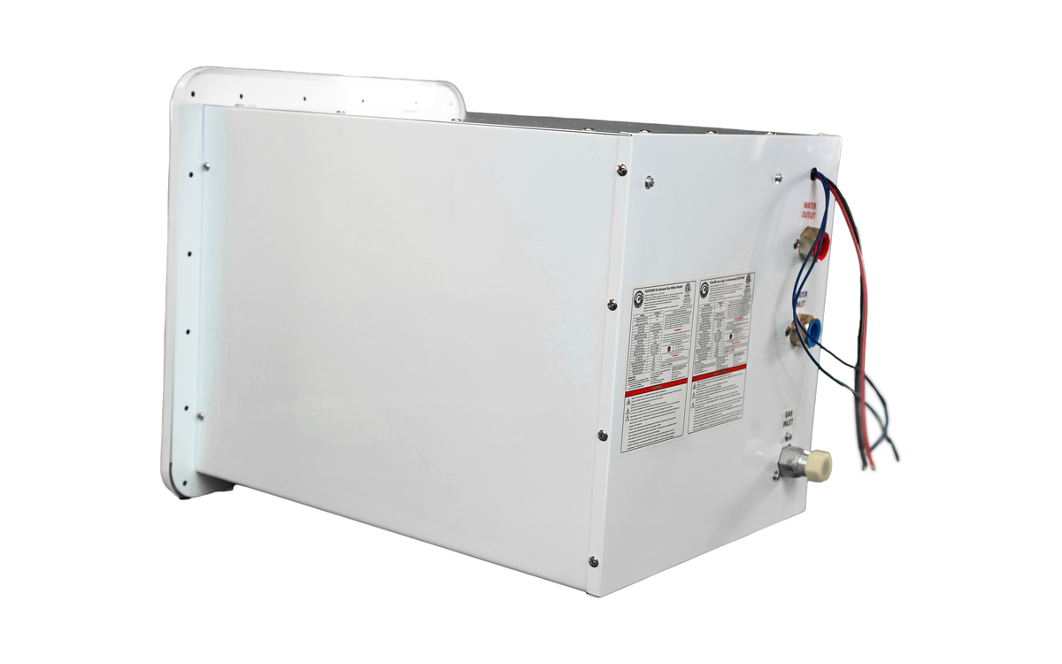Back Side view of RVMP Flex Temp Water Heater for Recreational Vehicles in White - RV parts and accessories - Buy On-Demand Tankless Water Heater online